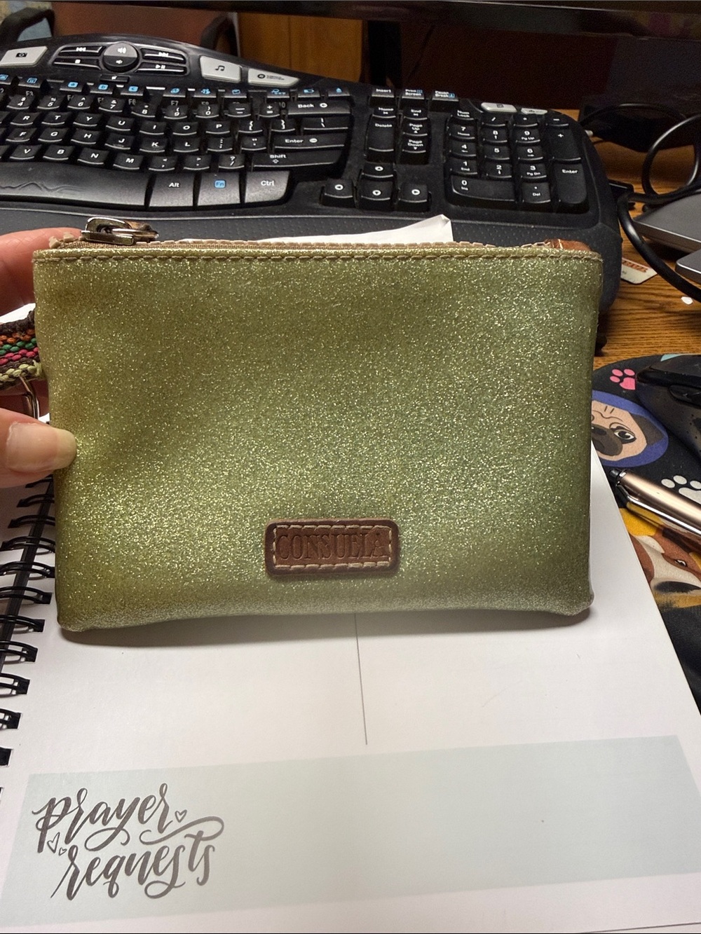 Consuela Glittery Olive Green Zip Card Holder Wristlet